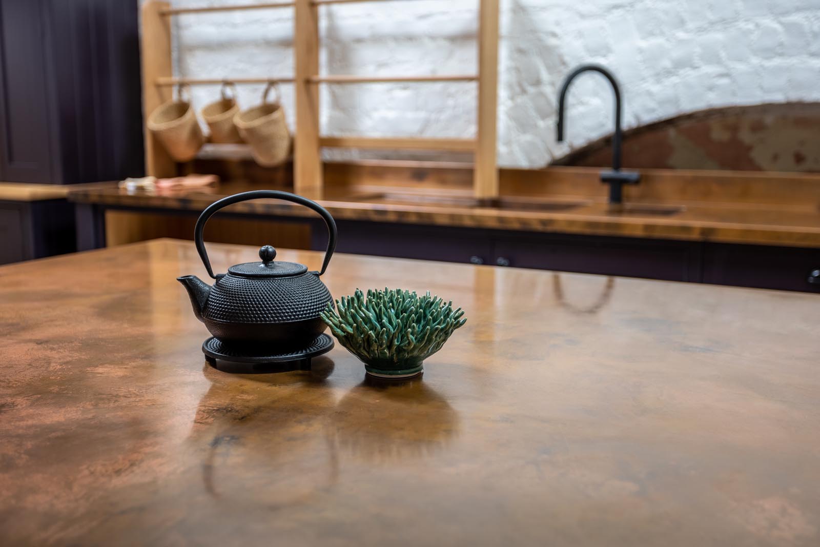 Kitchen close up of copper worktop